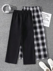 SHEIN 2pcs/Set Teen Boys' Casual Comfortable Versatile Plaid & Solid Black Straight Leg Pants, Multi-Pack - Multicolor - View 3