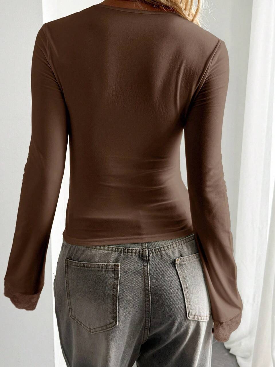 Women's V-Neck Lace Patchwork Fitted Long Sleeve Tie Design Casual Sexy T-Shirt Y2k