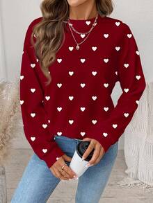 SHEIN LUNE 简约爱心图案印花圆领宽松女式卫衣，非常适合情人节、节日派对和聚会。 - 彩色 - 查看 4