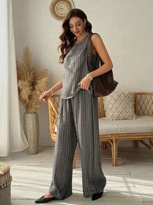 Vivie Lora Women's Striped Sleeveless Tank Top And Wide Leg Pants 2 Pieces Set - Dark Grey - View 6