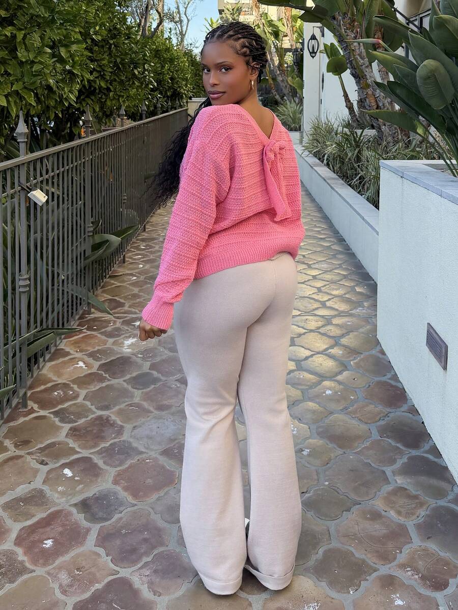 Tyla Gomez 简约时尚蝴蝶结装饰圆领毛衣，适合秋冬季，长袖上衣 - 玫紅色 - 查看 1