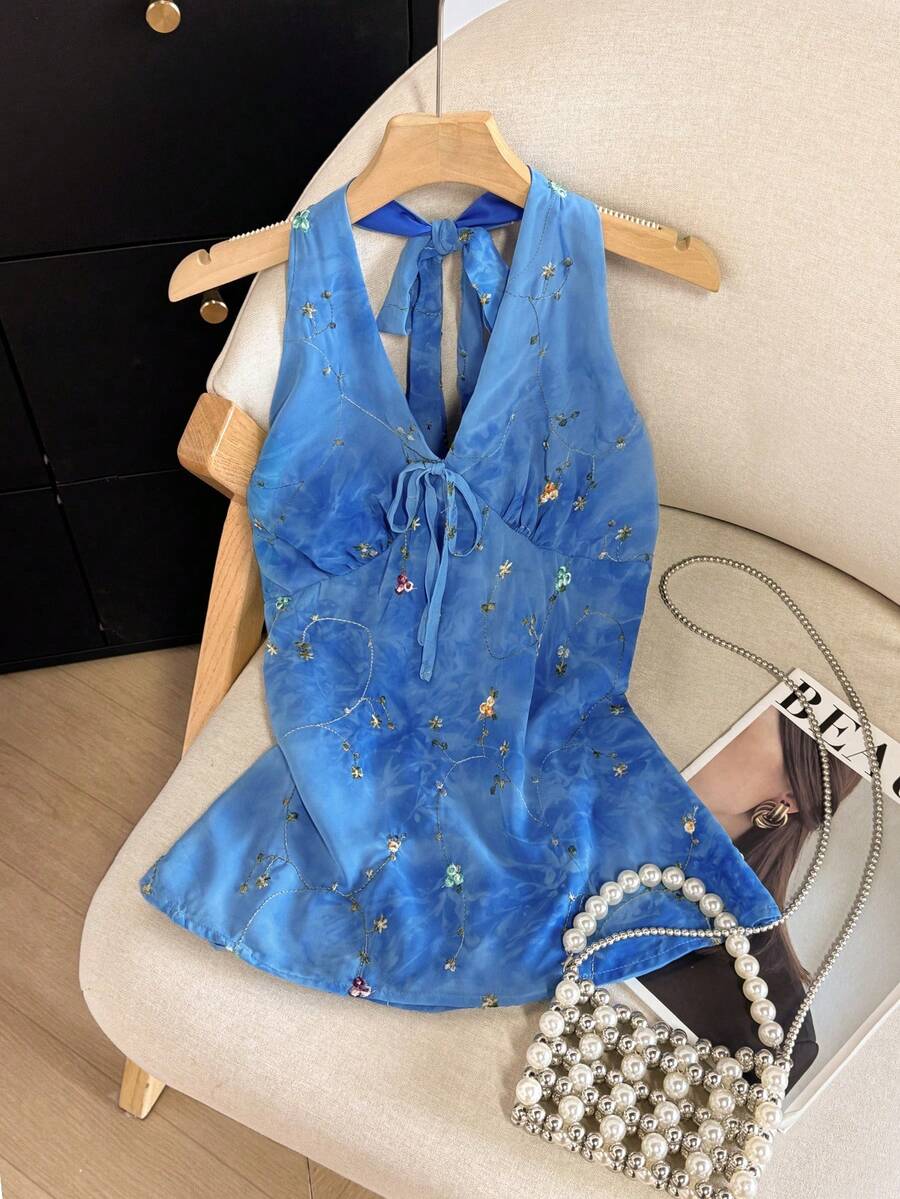 Airaco 蓝色V领3D立体花卉系带吊带露背吊带背心，女士夏季设计，收腰修身款 - 藍色 - 查看 1