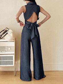 DAZY Women's Collared Sleeveless Backless Tie-Up Denim Top And Loose Wide-Leg Denim Pants Casual Suit Summer - Dark Wash - View 3