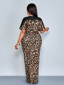 SOLERSUN 女士优雅豹纹开衩修身连衣裙，性感深V领，高腰印花蝙蝠袖连衣裙 - 棕色 - 查看 6