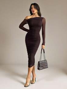 SHEIN Tall 女士秋季褶皱网纱优雅约会晚宴派对连衣裙，修身长袖 - 咖啡棕 - 查看 8