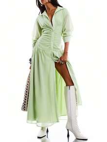 LYSMO 女士休闲纯色褶裥前开襟纽扣长连衣裙，秋季 - 彩色 - 查看 1