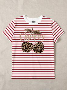 SHEIN EZwear 休闲简约豹纹樱桃印花圆领宽松女式T恤 - 彩色 - 查看 6