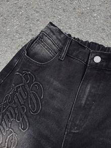 SHEIN Quần short denim đen dáng rộng, phong cách thường ngày Y2K cổ điển, cá tính, chất liệu denim đen, họa tiết chữ nổi 3D, đơn giản và thoải mái, thích hợp mặc hàng ngày, mùa xuân hè, đi lễ hội và dạo phố. - màu đen - Xem 4