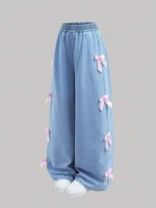 Girlism Teen Girl Pink Ribbon Bow Accent Blue Denim Loose Fit Pants,Kid Girls Spring And Summer Casual Vacation Country Boho Wear, Beach Middle Shorts Outfits For Kid Girls, Western Street Wear For Girl, Spring Break Outfits, Rave Outfits Festival Denim  Pants - Light Wash - View 5