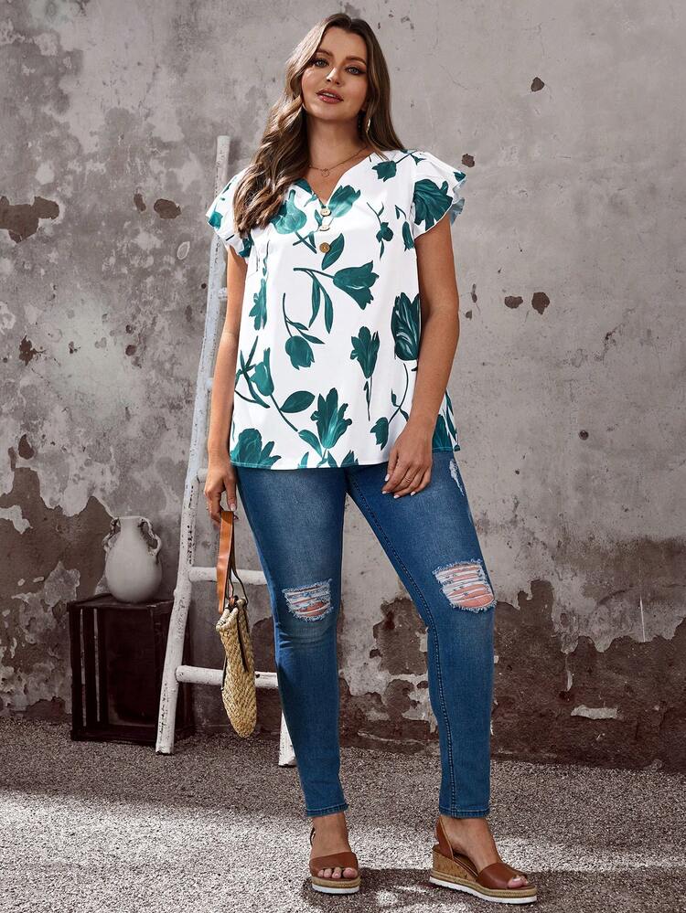 Plus Size Women's Summer Casual Vacation Country V-Neck Short Sleeve White And Green Floral Print Casual Versatile Daily Wear Blouse Top,Summer/Vacation,Spring Break,Holiday,Going Out,2026 New,Simple And Fashionable For Everyday Wear