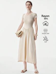 Aalyst V领短袖针织连衣裙，修身剪裁，休闲百搭，收腰设计，优雅时尚，秋季必备单品 - 卡其色 - 查看 3