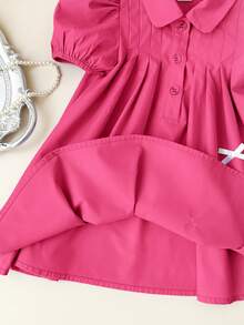 SHEIN LMoss Kids Cute Babygirl Summer Fuchsia Bow Collar Short Sleeve Dress - Hot Pink - View 5