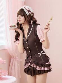 ROMWE Kawaii 女式学院风翻领蕾丝蝴蝶结饰边撞色拼接衬衫 - 彩色 - 查看 6