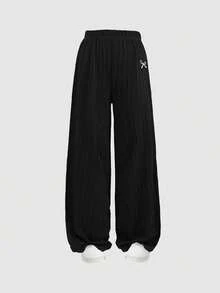 SHEIN 青少年女孩休閒簡約舒適圓領短袖側抓褶短版T恤與長褲套裝 - 黑色 - 查看 5