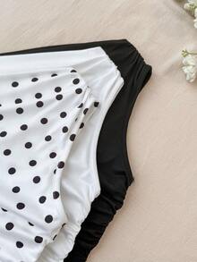 SHEIN 3pcs/Set Teen Girls' Casual Vacation Asymmetric Ruched Hem Camisole, Spring/Summer, Asymmetrical Top, Summer Tops, Polka Dot Top - Black and White - View 5