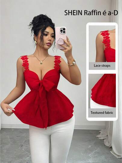 Rafferiza 女士优雅法式性感度假风蕾丝打结荷叶边宽肩带上衣，夏季