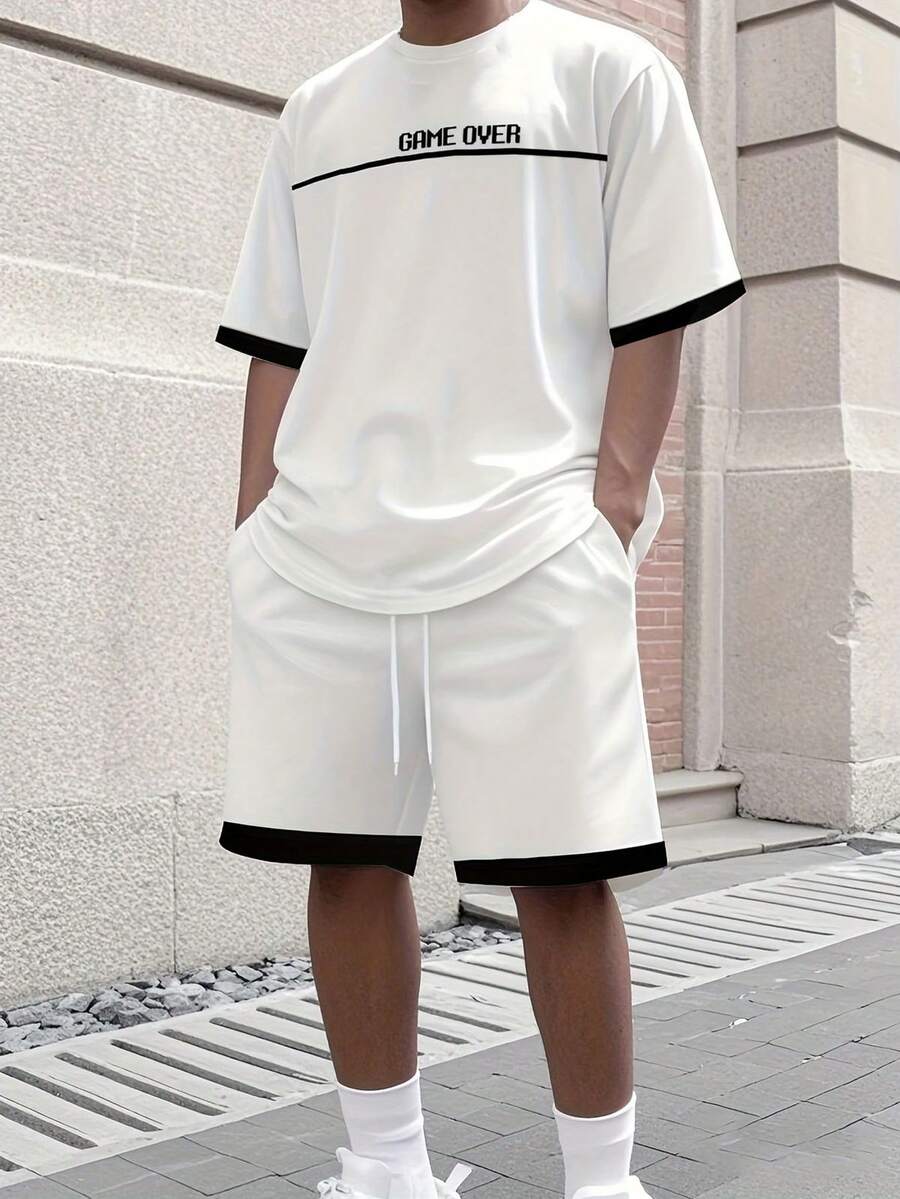 Manfinity EMRG Men's Street Style "GAME OVER" Black & White Contrast T-Shirt And Shorts Set - Multicolor - View 1