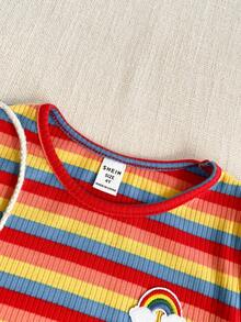 SHEIN Young Girl Casual Colorful Striped Ruffle Hem Dress, Summer - Red - View 9