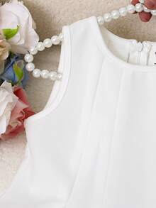 SHEIN Young Girl Woven Solid Color Round Neck Sleeveless Ruffle Hem Casual Dress Young Girl Dress Ivory Kids Dress Flower Girl Dress Sleeveless Dress White Elegant Dress,Kids - White - View 8