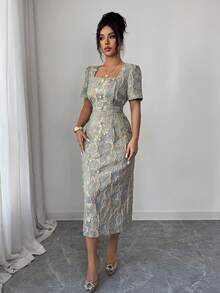 Elenzga 复古优雅花卉提花方领短袖收腰中长连衣裙，饰以珍珠金属纽扣，开衩设计，尽显奢华法式风情 - 彩色 - 查看 6