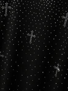 STYNVO 1 件男士休闲宽松短袖 T 恤，黑色，水钻装饰，超大宽松廓形，成熟街头风格，适合通勤、日常穿着、男友/丈夫礼物、情侣装 - 黑色 - 查看 5