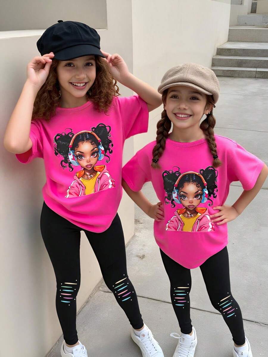 SHEIN Setelan 2 Potong Sweatshirt dan Legging Grafis Warna-warni untuk Anak Perempuan, Kaos Lengan Pendek Model Bahu Longgar Warna Pink Muda, Musim Panas, Sekolah - MultiWarna - View 1