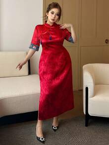 Vibekara 大码女式中国风新款旗袍领收腰半袖短裙，飘逸缎面质感，优雅流苏饰边，复古休闲连衣裙，适合约会和聚会，中国红 - 紅色 - 查看 6