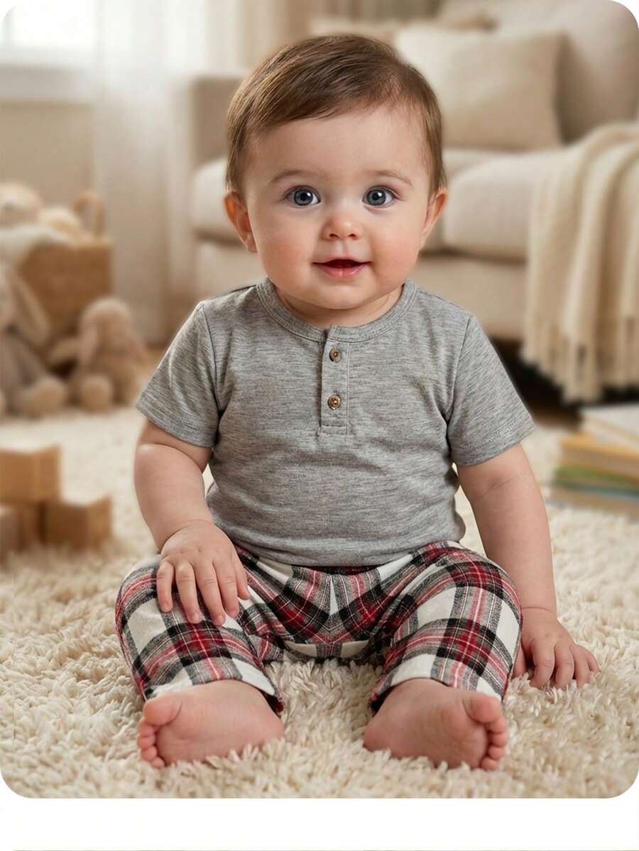 男婴休闲可爱针织灰色上衣和格子松紧腰裤家居服套装 - 灰色 - 查看 1