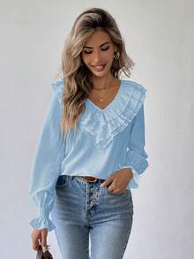 Selianne Women's Elegant Solid Color V-Neck Ruffle Trim Casual Versatile Long Sleeve Blouse - Baby Blue - View 3