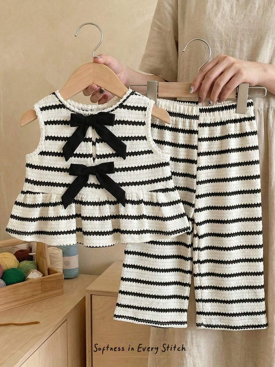 Cozy Pixies 2件套女婴撞色蝴蝶结圆领无袖上衣和松紧腰裤套装 - 彩色 - 查看 1