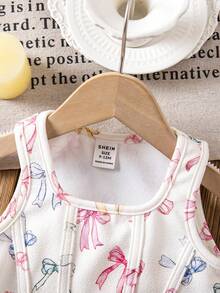 SHEIN Cute Summer Versatile Knit White Bow Tie Camisole Baby Girl Printed Vest Toddler Girl Sleeveless Shirt Summer Baby Girl Clothes Baby Girl Summer Tops Baby Girl Sleeveless Top - White - View 4