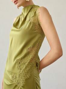 MOTF PREMIUM ELEGANT SATIN & CONTRAST LACE TOP, SPRING/SUMMER - Green - View 2