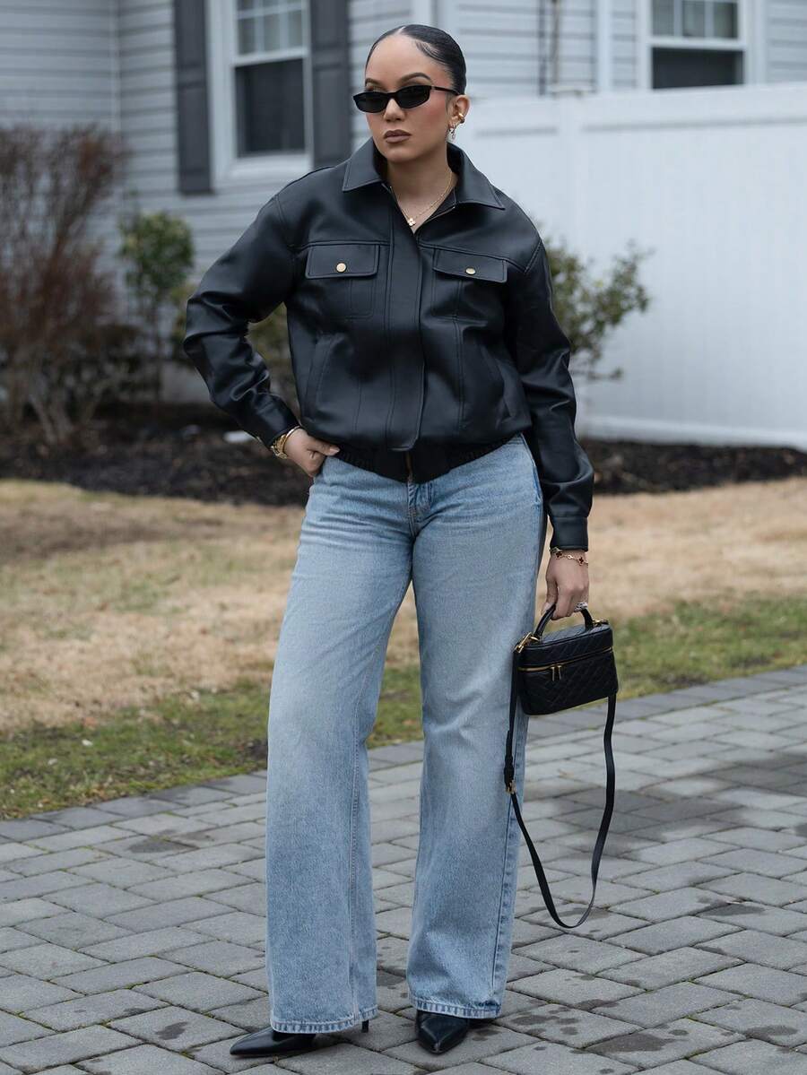 Melissa Matos 女士街头风格 PU 皮夹克，宽松长袖翻领 - 黑色 - 查看 1