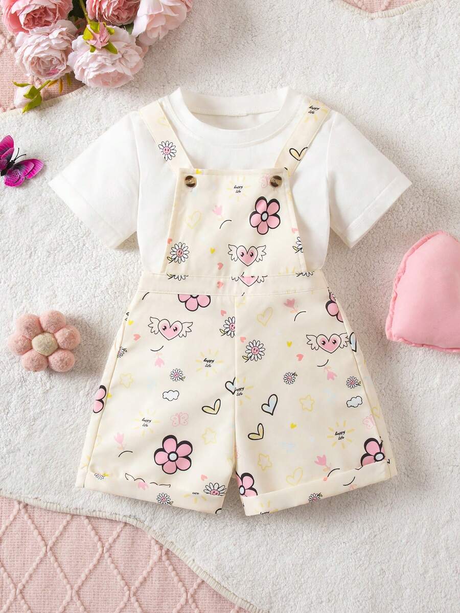 女婴可爱碎花连体衣，夏季百搭两件套，女婴可爱风格，女婴通用印花连体衣，女婴背带裤套装，女婴背带短裤，女婴连体衣套装，女婴背带连衣裙套装，春季女婴套装，春夏女婴套装，女婴动物印花连体衣，女婴休闲连体裤背带短裤，女婴春夏连体衣套装 - 白色 - 查看 1