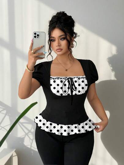 Elenzga 大码女式极简时尚系带白色底黑色波点拼接黑色弹力修身短袖T恤