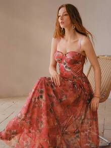 MOTF PREMIUM WOMEN'S VACATION STYLE ROSE PRINT MESH BUSTIER WAIST CINCHED DRESS - Pink - View 4