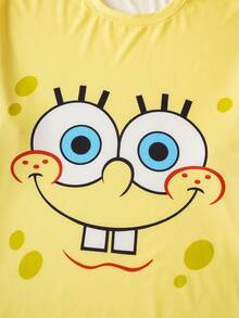 SpongeBob SquarePants | SHEIN Plus Size Men Cartoon Pattern Crew Neck Long Sleeve T-Shirt And Pants Pajama Set, Comfortable For Autumn - Yellow - View 4