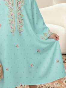 经典绿松石色花卉刺绣优雅复古连衣裙，适合年轻女孩休闲简约传统阿拉伯长袍，春夏皆宜，优雅长袖连衣裙，祈祷长袍，舒适易穿，休闲装，度假风，端庄卡夫坦长袍，儿童长袍 - 白色 - 查看 6