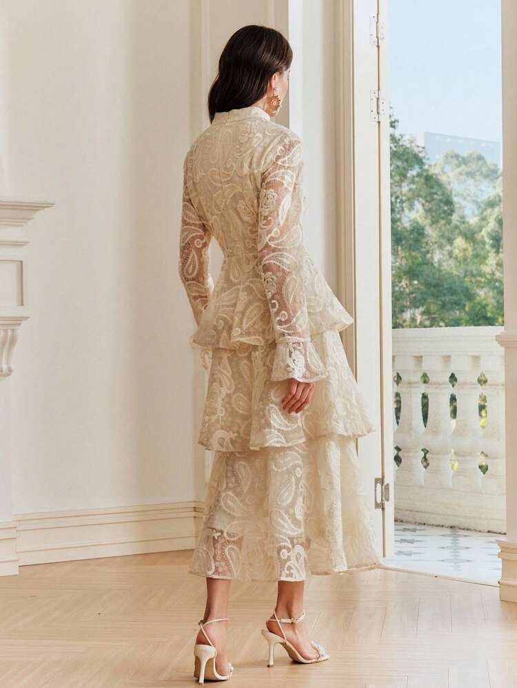Women's Elegant Embroidered Fabric Dress, Flared Sleeves, Ruffle Hem, Suitable For Parties And Gatherings Luxury Dress For Women Paisley Lace Dress Long Sleeve Elegant Dress