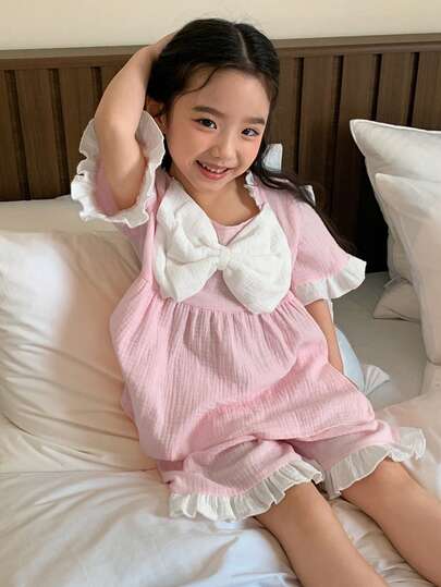 DAZY Young Girl Summer Cute Contrast Color Ruffle Short Sleeve Bow Decor Babydoll Top & Shorts Pajama Set