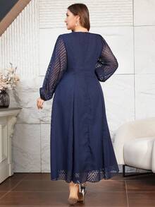 Lacomfia 优雅修身3D立体花卉装饰A字长袖加大码连衣裙，适合春夏各种场合。 - 藏蓝色 - 查看 2