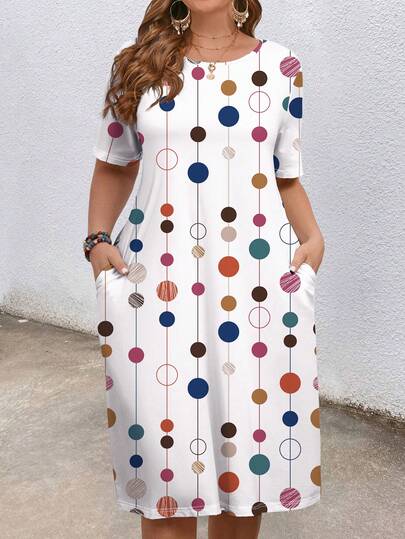 Mellowie Plus Size Round Neck Short Sleeve Polka Dot Print Loose Casual Dress