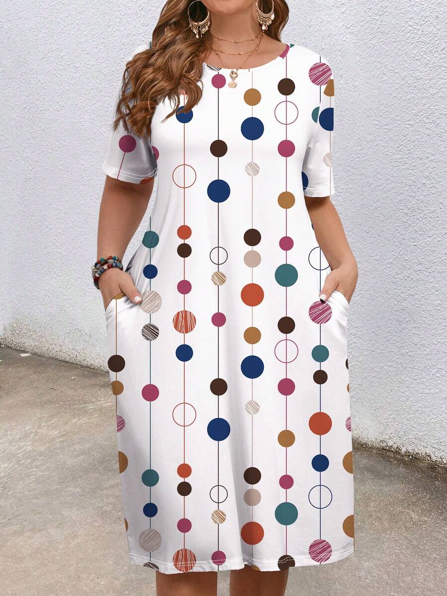 Mellowie Plus Size Round Neck Short Sleeve Polka Dot Print Loose Casual Dress - Multicolor - View 1