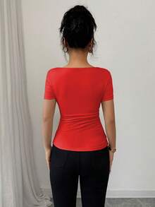 Elenzga Elegant Draped Neck Asymmetric Ruffle Short Sleeve T-Shirt, Summer - Red - View 2