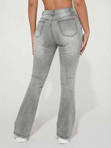 SHEIN PETITE Women's High Waist Pocketed Casual Versatile Flared Distressed Denim Jeans - Light Grey - View 2