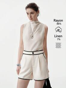 Aalyst Women's Spring/Summer Casual Shorts, Elegant Linen Trim Contrast Color Pocket Design, Suitable For Outings, New Year, Valentine's Day, Easter, Mother's Day, Middle Eastern Weddings, Workplace, Romantic Vacations - Khaki - View 3