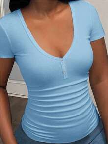 Slaydiva Plus Size V-Neck Button Pleated Slim Casual Short Sleeve T-Shirt, Going Out Tops - Baby Blue - View 7
