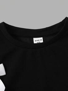 SHEIN 少女休闲黑白撞色超大蝴蝶结装饰宽松短袖中长连衣裙 - 黑與白 - 查看 5