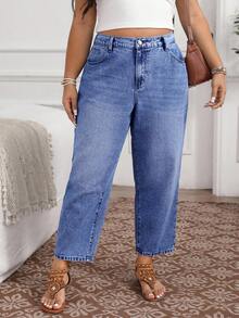 EMERY ROSE Quần jean trơn đơn giản cỡ lớn - Rửa trung bình - Xem 6