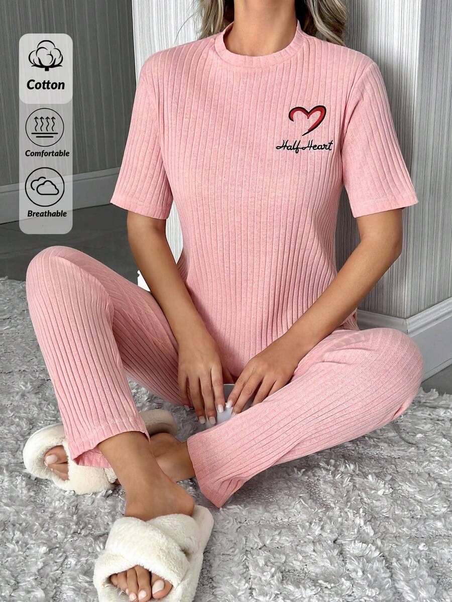 EURMUSE 100%Cotton Letter Embroidery Ribbed Knit Lounge Set - Pink - View 1